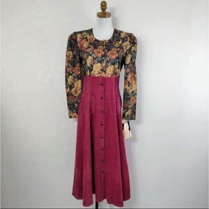Vintage 90s Samantha Edwards Womens Maroon Floral Tapestry Maxi Dress size 5/6